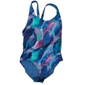 Athleta One Piece Swimsuit Medium Blue Abstract Watercolor Racerback M